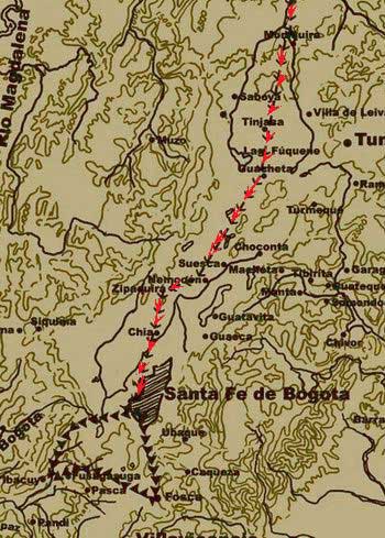 Mapa de la ruta de llegada de JimenÉz de Quesada
