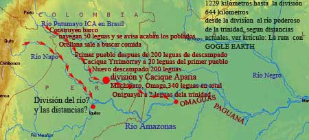 Cuentas del recorrido de Orellana sobre mapa